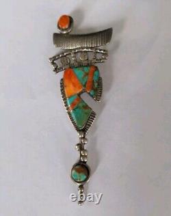 Southwest Sterling Silver Turquoise Spiny Oyster Inlay Pin/Pendant Stamped'GM