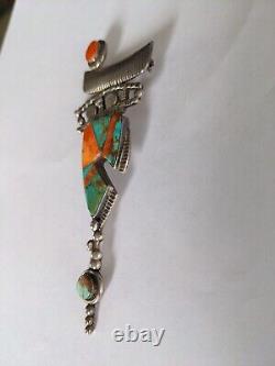 Southwest Sterling Silver Turquoise Spiny Oyster Inlay Pin/Pendant Stamped'GM