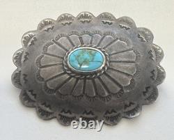 Southwestern Sterling Silver Hand Stamped Oval Concho Pin Turquoise Vintage