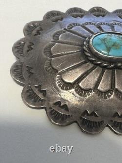 Southwestern Sterling Silver Hand Stamped Oval Concho Pin Turquoise Vintage