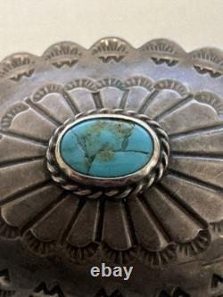 Southwestern Sterling Silver Hand Stamped Oval Concho Pin Turquoise Vintage