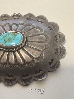Southwestern Sterling Silver Hand Stamped Oval Concho Pin Turquoise Vintage