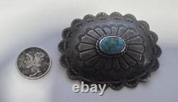 Southwestern Sterling Silver Hand Stamped Oval Concho Pin Turquoise Vintage