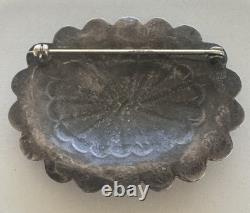 Southwestern Sterling Silver Hand Stamped Oval Concho Pin Turquoise Vintage