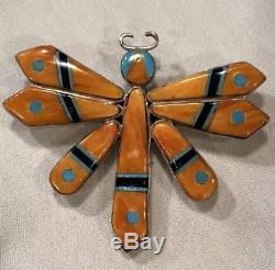 Spiny Oyster & Turquoise Inlay Dragonfly Pendant /Pin Sterling 2 1/4 X 1 7/8