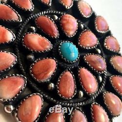 Spiny Oyster Turquoise Pin Pendant Brooch Round Sterling Silver VTG 32g 2in
