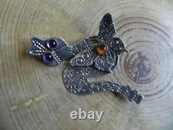 Stamped Sterling Silver w Amethyst & Amber SNAKE & BUTTERFLY Pin Brooch Navajo