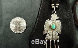 Sterling B. Skeets Navajo Thunderbird Pendant on New Dark Brown Leather Pouch