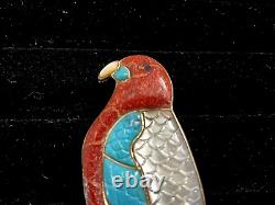 Sterling Parrot Pin Pendant Inlay Turquoise Coral Mother of Pearl Signed RG