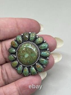 Sterling Silver 925 Green Stones Navajo Signed LMB Pin Brooch Pendant Flower