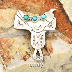 Sterling Silver 925 Native American Navajo LA Willie Turquoise Saddle Pin/Brooch