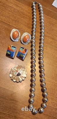 Sterling Silver Bead Necklace Native With 2 Pairs Sterling Earrings & Sterling Pin