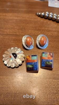 Sterling Silver Bead Necklace Native With 2 Pairs Sterling Earrings & Sterling Pin