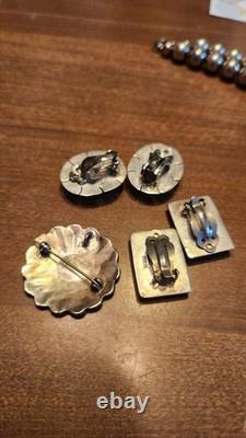 Sterling Silver Bead Necklace Native With 2 Pairs Sterling Earrings & Sterling Pin