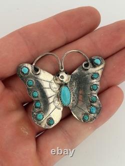 Sterling Silver Butterfly Hat Pin Signed Vintage Navajo Turquoise Brooch 10G