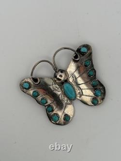 Sterling Silver Butterfly Hat Pin Signed Vintage Navajo Turquoise Brooch 10G