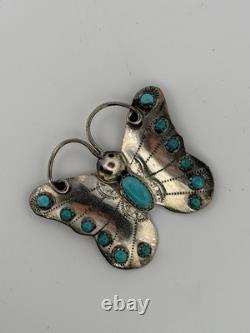Sterling Silver Butterfly Hat Pin Signed Vintage Navajo Turquoise Brooch 10G