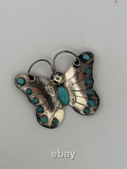 Sterling Silver Butterfly Hat Pin Signed Vintage Navajo Turquoise Brooch 10G