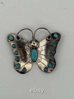 Sterling Silver Butterfly Hat Pin Signed Vintage Navajo Turquoise Brooch 10G