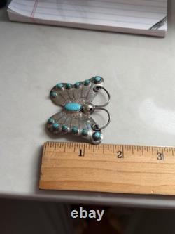 Sterling Silver Butterfly Hat Pin Signed Vintage Navajo Turquoise Brooch 10G