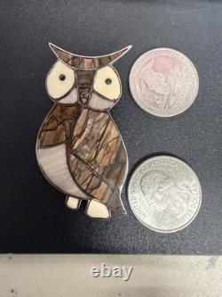 Sterling Silver Handmade Native American Owl Inlay Brooch Pin