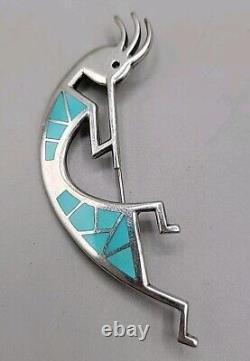 Sterling Silver Kokopelli Turquoise Inlay Native American Pin Teme Signed Brooch