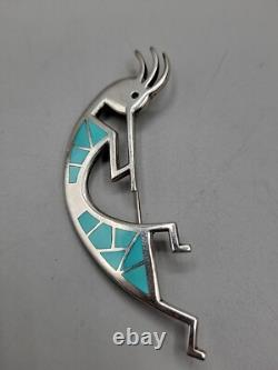 Sterling Silver Kokopelli Turquoise Inlay Native American Pin Teme Signed Brooch