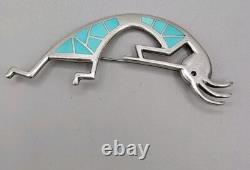 Sterling Silver Kokopelli Turquoise Inlay Native American Pin Teme Signed Brooch