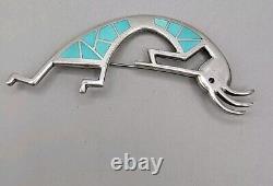 Sterling Silver Kokopelli Turquoise Inlay Native American Pin Teme Signed Brooch
