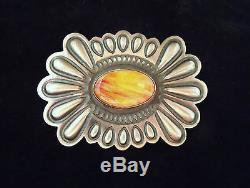 Sterling Silver Large Pin With Orange Spiny Oyster Shell Navajo Handmade