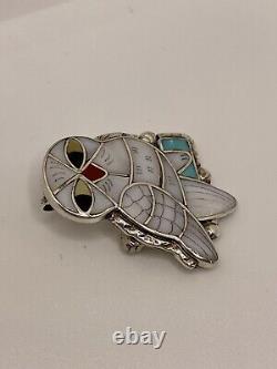 Sterling Silver Mother of Pearl Turquoise Zuni Ann Sheyka Wise Owl Brooch Pin