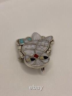 Sterling Silver Mother of Pearl Turquoise Zuni Ann Sheyka Wise Owl Brooch Pin