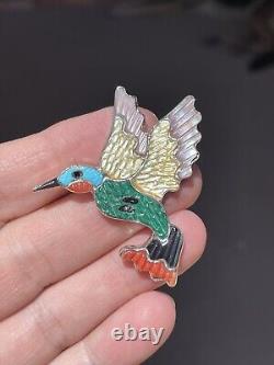 Sterling Silver Multi-Stone Inlay Hummingbird Pin Brooch, by Tamara Pinto, Zuni
