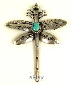 Sterling Silver NAVAJO Turquoise Handmade Stamped DRAGONFLY Old Pawn Brooch Pin