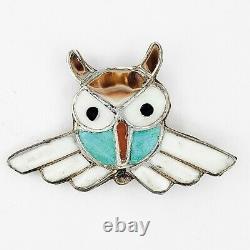 Sterling Silver Native American Jewelry Inlay Owl Brooch Pin Turquoise Coral MOP