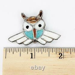Sterling Silver Native American Jewelry Inlay Owl Brooch Pin Turquoise Coral MOP