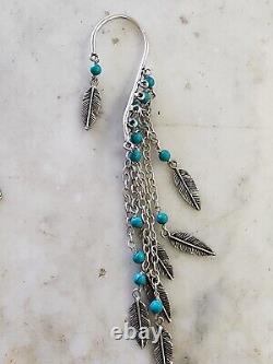Sterling Silver Native American Turquoise Bead Feather Ear Jewelry Pin