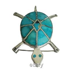 Sterling Silver Native American Turquoise Inlay Turtle Brooch Pin M665