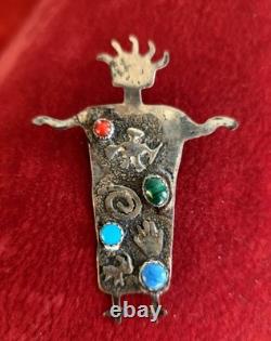 Sterling Silver Navajo Signed Timm Lewis Petroglyph Art Pin withPendant Hoop &