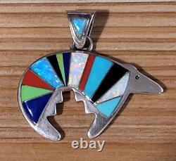 Sterling Silver Nick Gambino NG Inlaid Bear Pendant Turquoise Opal Morongo Tribe