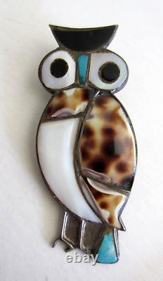 Sterling Silver Owl Brooch Pin ZUNI Cowrie Shell Turquoise Jet MOP