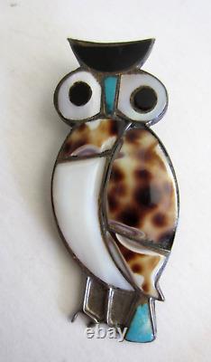 Sterling Silver Owl Brooch Pin ZUNI Cowrie Shell Turquoise Jet MOP
