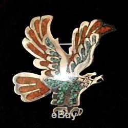 Sterling Silver, Turquoise & Red Coral Chip Inlay Eagle Pin by Tommy Singer