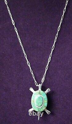 Sterling Silver Zuni Inlay Green Turquiose Turtle Necklace & Pin 10 Gr Signed PJ