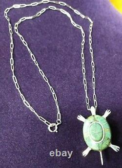 Sterling Silver Zuni Inlay Green Turquiose Turtle Necklace & Pin 10 Gr Signed PJ