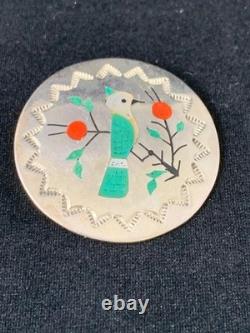 Sterling Silver Zuni Multi Stone Inlay Bird Pin Pendant signed RB (G002)