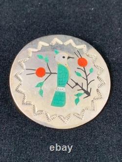 Sterling Silver Zuni Multi Stone Inlay Bird Pin Pendant signed RB (G002)
