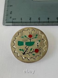 Sterling Silver Zuni Multi Stone Inlay Bird Pin Pendant signed RB (G002)
