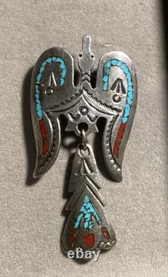 Sterling silver Thunderbird pendant/brooch with turquoise and red stone inlay