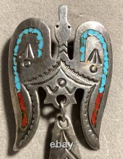 Sterling silver Thunderbird pendant/brooch with turquoise and red stone inlay